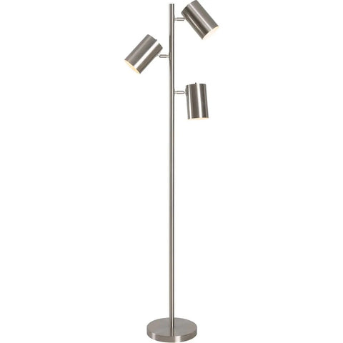 Ultra Tall Industrial Tree Floor Lamp With Three Adjustable Spotlights In Brushed Steel Finish, 64 Inches High And 13 Inches Wide