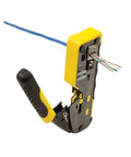 Ratcheting Modular Data Cable Crimper Wire Stripper And Cutter For RJ11 RJ12 RJ45 Pass-Thru Connectors All In One Tool in use.