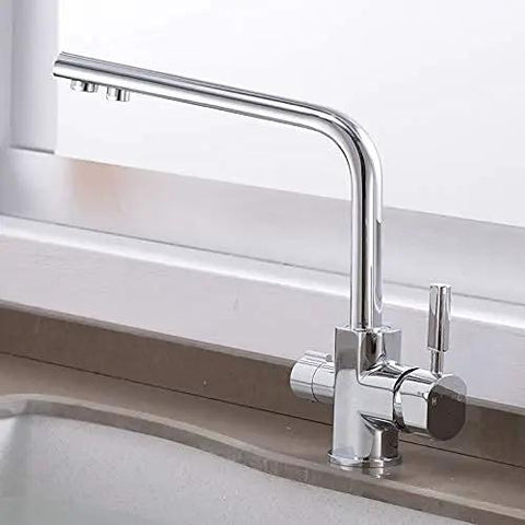 Ch Kitchen Faucet with 360° SwivelDual Handle Drinking Water Filter TapDeck Mounted Mixer with Aerator3-Way Design for Clean Water - LWX standing beside a sink.