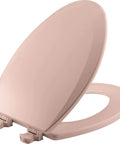 Durable Wood Toilet Seat With Easy Clean Hinges In Venetian Pink, Elongated Design, Made In USA, Soft Pink Color, Quick Release Hinges