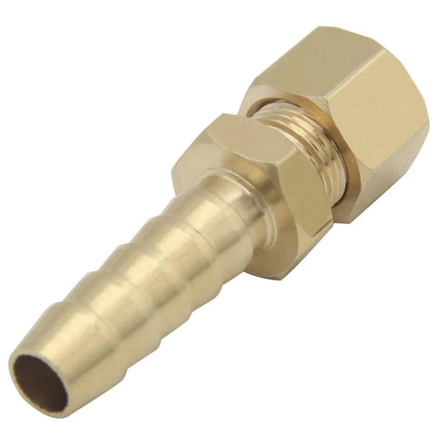 Brass compression fitting with 5/16 inch tube to 5/16 inch hose barb, side view