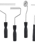 Pro Fiberglass Roller Set With Detail Brushes To Crush Air Bubbles Fast And Top Shelf Resin Laminating Kit For Boat Fixing and Serious Home Upgrade Work - four heavy duty rollers with black handles.