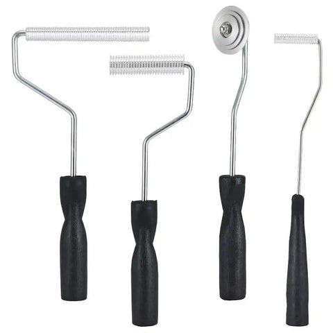 Pro Fiberglass Roller Set With Detail Brushes To Crush Air Bubbles Fast And Top Shelf Resin Laminating Kit For Boat Fixing and Serious Home Upgrade Work - four heavy duty rollers with black handles.