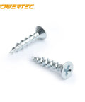 Badass Number Eight X Three Quarters Inch Zinc Plated Wood Screws One Hundred Pack Straight Up Flat Head Phillips Fasteners displayed at an angle.