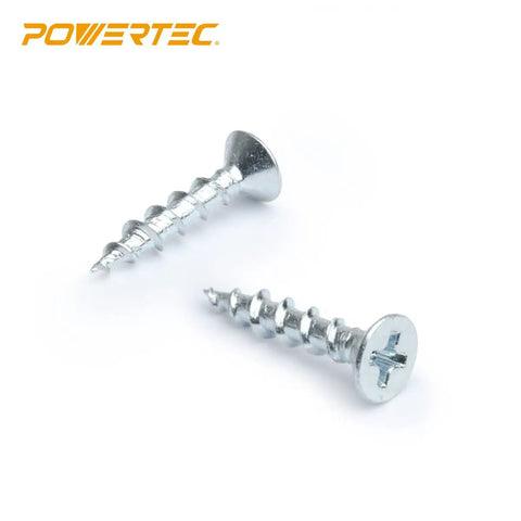Badass Number Eight X Three Quarters Inch Zinc Plated Wood Screws One Hundred Pack Straight Up Flat Head Phillips Fasteners displayed at an angle.