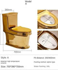 Show Stopping Gold One Piece Toilet Featuring Silently Smooth Dual Flush Siphon And Insane 360 Degree Spiral Vortex Wash For Beast Mode Cleaning In Modern Home Bathrooms, high temp ceramic, dimensions 700x390x750mm.