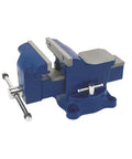 Heavy Duty 5 Inch Bench Vise With 3 3/8 Inch Throat, 6 1/2 Inch Jaw Capacity, Forged Iron Build, blue color, side view