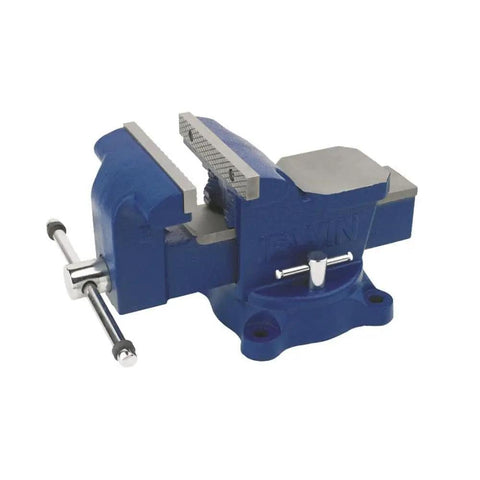 Heavy Duty 5 Inch Bench Vise with 3 3/8 Inch Throat, 6 1/2 Inch Jaw Capacity, forged iron, side view on white background.