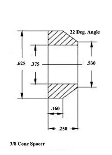 Mechanical diagram of a 3/8 Cone Spacer showing dimensions and angles for precise measurement.