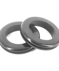 Kickass Heavy Duty Rubber Grommets For Wiring Harness Protection 2 Inch Inner Diameter Flame Retardant Heat Insulator Plug 4 Pack showing two black rubber grommets.