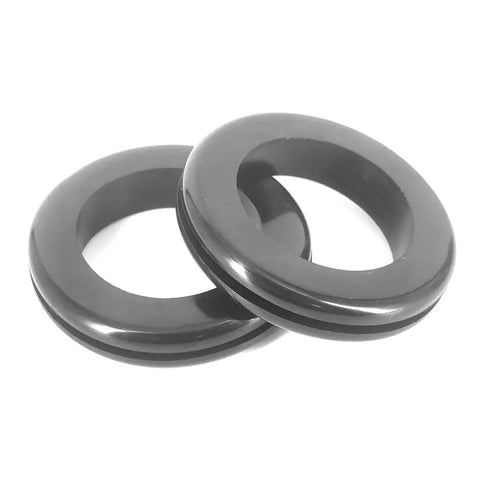 Kickass Heavy Duty Rubber Grommets For Wiring Harness Protection 2 Inch Inner Diameter Flame Retardant Heat Insulator Plug 4 Pack showing two black rubber grommets.