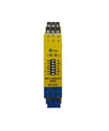 Front view of yellow MK13-222EX0-R/24VDC safe barrier relay module with blue terminal block and green power LED