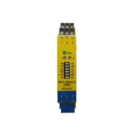 Front view of yellow MK13-222EX0-R/24VDC safe barrier relay module with blue terminal block and green power LED
