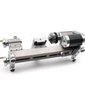 Multi-function Precision Mini Lathe Machine With 50mm Chuck For Turning Wood And Metal Projects Variable Speed Control Zero To Two Thousand Rpm Adjustable Tailstock Capable Of Fine Metalworking Details side view of lathe machine with silver metal construction.