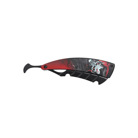 Manual Folding Razor Knife With Grinning Clown Artwork Black Oxide Stainless Steel Straight Edge Blade EDC Pocket Cutter showing the black and red handle design.