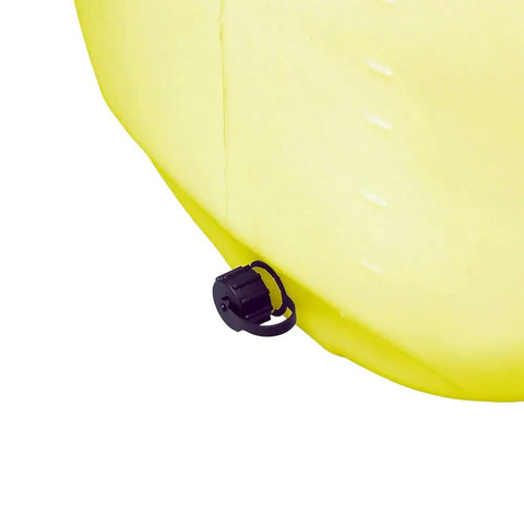 Close-up of 40 Gallon Yellow Sprayer Tank With Translucent Body Farm-Ready, showing 3/4 Inch MGH Drain Port With Tethered Cap