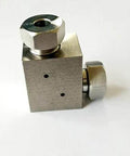 Front view of stainless steel elbow valve for water jet cutting, 1/4 in inlet/outlet, 2 ports, model 698253302752.