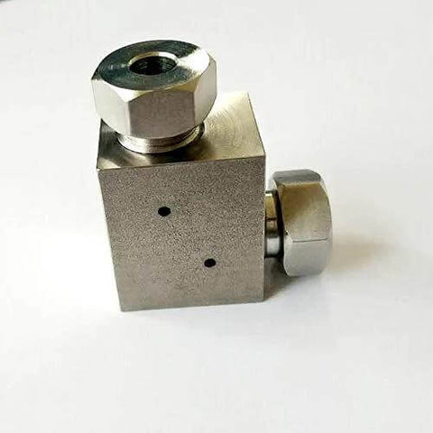 Front view of stainless steel elbow valve for water jet cutting, 1/4 in inlet/outlet, 2 ports, model 698253302752.