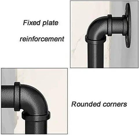 Sleek Matte Black Pipe Handrail With Vintage Industrial Wrought Iron Design For Indoor Outdoor Stairs, showing fixed plate reinforcement and rounded corners.