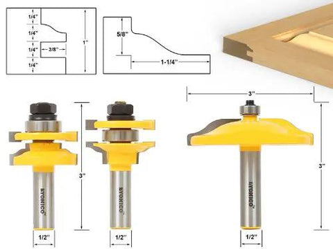 Raised Panel Cabinet Door Rail And Stile Router Bit Set With Ogee Profile Three Bit Kit One Half Inch Shank