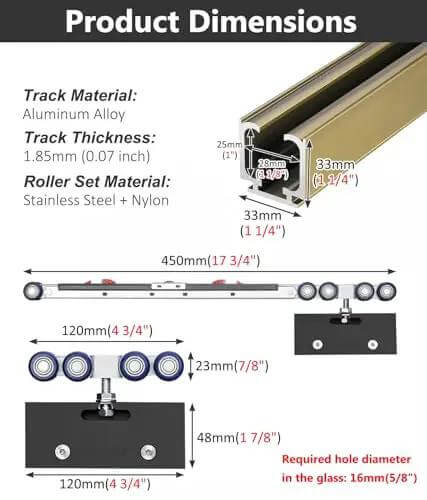 Dimensions of Heavy Duty 15 Foot Sliding Barn Door Track Kit With Soft Close Hardware And Smooth Roller System for Glass Doors.