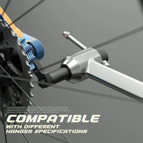 Derailleur Hanger Alignment Gauge Tool For Bikes With 20 To 29 Inch Wheels Pro Grade Stainless Steel 304 attached to bike