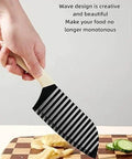 luvilly 11.4-inch crinkle cutter knife, side view, wooden handle with wave-edge blade slicing potatoes.