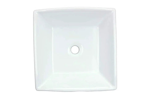 Top view of Castle 16.5 Inch Square White Vitreous China Vessel Sink For Countertop With Overflow showing drain hole