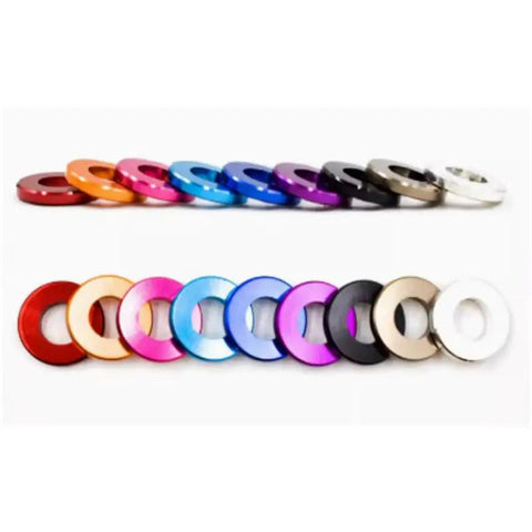 No BS 6063 T6 Aluminum Flat Washers In Titanium Gray Anodized Coating with colorful variants and assorted sizes.