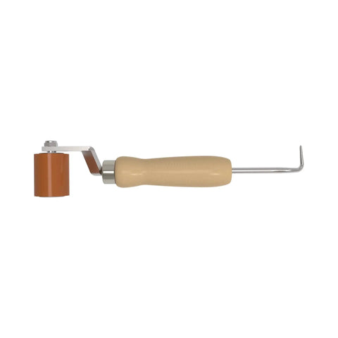 Side view of Roll N Chek Seam Roller With Probe Wood Handle For Fast Seam Testing, highlighting roller and metal probe end.