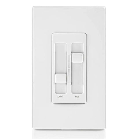 Ceiling Fan Control And Dimmer Switch With Separate Fan Speed And Light Dimmer For LED CFL Halogen And Incandescent Bulbs Plug And Play Setup White 66DF-10W, front view