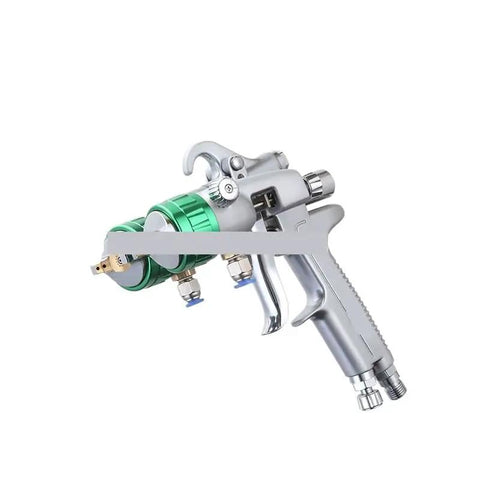 Top Shelf Dual Nozzle Pneumatic Spray Gun Workhorse Air Paint Sprayer High Flow Compressor Setup showing dual tanks and smooth trigger.