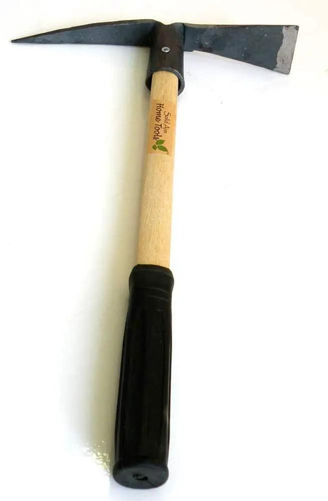 Small Hand Held Garden Pick Mattock For Weeding And Cultivation shown with a forged steel head and wooden handle.