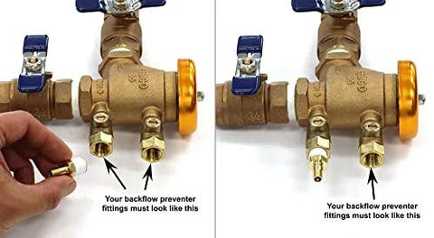 Brass sprinkler backflow preventer with blue handles; shows Schrader valve adapters to male NPT fittings at bottom.