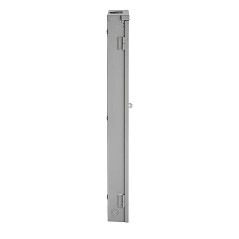 Side view of the Outdoor Load Center, 20 Space 20 Circuit, with Main Lugs and Raintight Door, gray weatherproof cabinet.