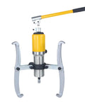 Heavy Duty Workhorse 10 Ton Hydraulic Gear Puller With Adjustable Two Or Three Jaws for bearing hub separator, featuring a yellow handle and metal jaws.