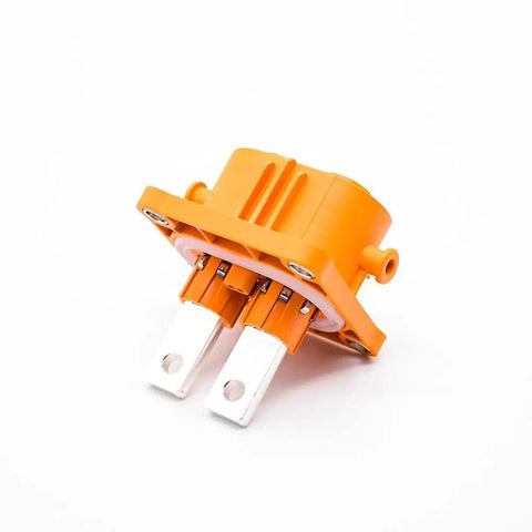 Top Shelf EV High Voltage Connector 2 Pin Male Socket 50 Amp Rated IP67 Weatherproof with heavy duty orange plastic housing.