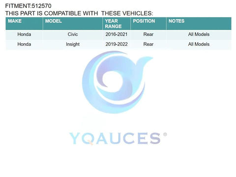 Compatibility chart for Rear Wheel Bearing and Hub Assembly 512570 Fits Honda Civic 2016 2021 and Insight 2019 2022.