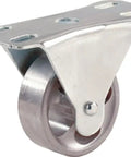 Three Inch Cast Iron Rigid Caster Wheel With 250 Pound Load Capacity, Silver Finish, mounted on flat surface, side view.