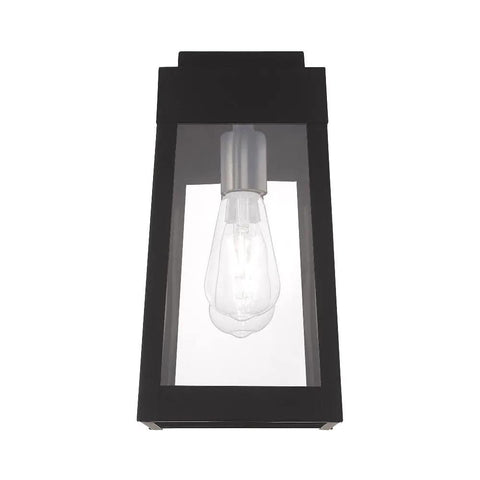 12 Inch Oslo Outdoor Wall Lantern In Satin Brass Finish With Clear Glass For Porch Or Patio, solid brass construction, front view