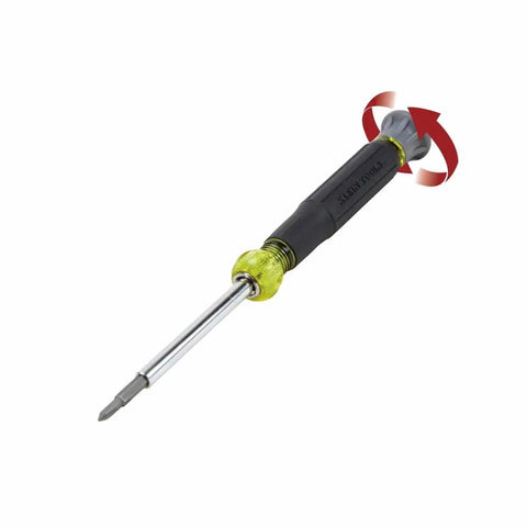 4-In-1 Electronics Screwdriver Set With Non-Magnetic Tips, Includes 2 Slotted And 2 Phillips Precision Machined Bits, Free-Spinning Cap For Palm Rest, Chrome-Plated Barrel, Ideal For Terminal Blocks, shown with extended slotted bit and free-spinning cap.