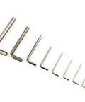 Super Cool 10 Pack L Shape Hex Wrench Set With Steel Hexagon Keys In Sizes Ranging From 1.5mm Up To 6mm For Quick Home Repair And Furniture Assembly Jobs Where Portability Is King. steel L-shape hex keys arranged by size