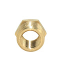 Brass hex reducing pipe adapter, 1/4-inch NPT male to 1/2-inch NPT female, front view