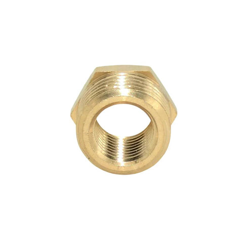 Brass hex reducing pipe adapter, 1/4-inch NPT male to 1/2-inch NPT female, front view