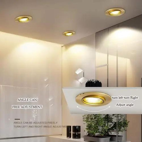 9-Pack of 3-Inch Brass LED Recessed Lights, Round Retrofit Ceiling Fixtures with Lush Gold Trim, showcasing adjustable flat baffle spotlights.