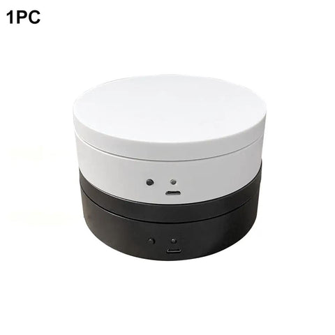Emvanv Electric Rotating Display Turntable 360 Auto Spin Platform for Product Photos in black and white, showcasing USB ports.