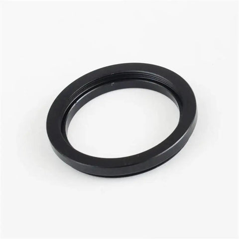Close-up of Beefy Aluminum M48 To M42 Thread Adapter Ring 0.75mm for telescope conversion, CNC machined 6061 aluminum, black finish.