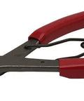 Angle Tip Lock Ring Pliers Nine Inch Satin Finish Pro Grade, made in USA, with right-angle jaw and red handles, side view.