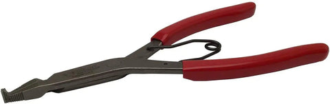 Angle Tip Lock Ring Pliers Nine Inch Satin Finish Pro Grade, made in USA, with right-angle jaw and red handles, side view.