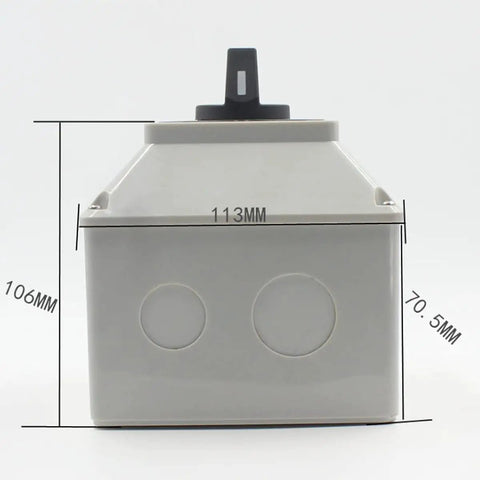 Universal Changeover Selector Switch With Waterproof Installation Box, 3 Position 8 Terminal Power Transfer Rotary Cam Switch, 220V 63A For Motors And Generators, Heavy-Duty Workhorse Electrical Gear, 113mm box front view